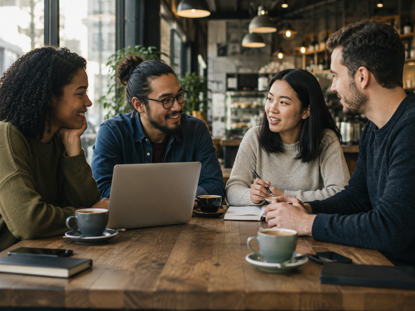 Een diverse groep collega's in een warm gesprek rond een cafétafel.
