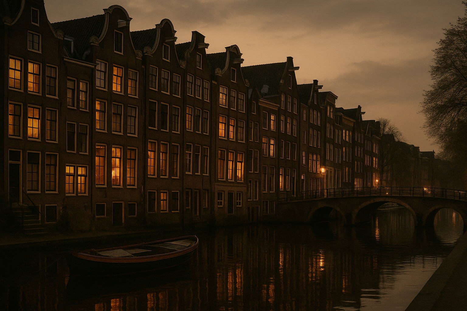 Plate · A canal in Amsterdam at dusk · to commission